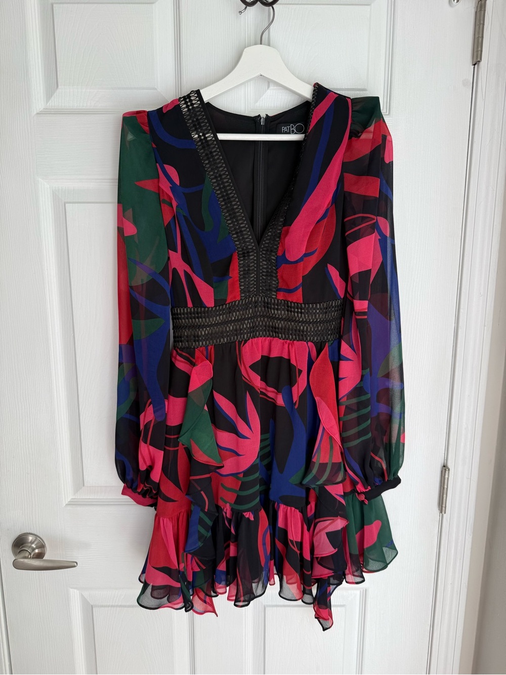 PatBO Floral V-Neck Long-Sleeve Ruffle Mini Dress in Multi-Color US 4 | S